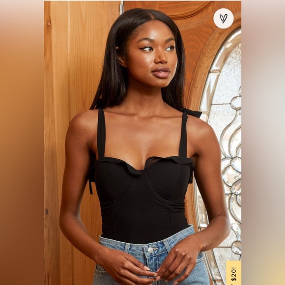 Lulus Tops - Lulus Flirty Appeal Black Mesh Tie-Strap Bustier Bodysuit